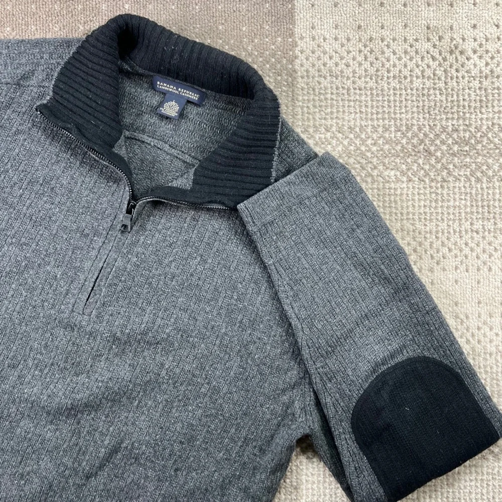 Banana Republic Mens Large Gray Lambswool Cashmere 1/4 Zip Sweater Elbow Patches
